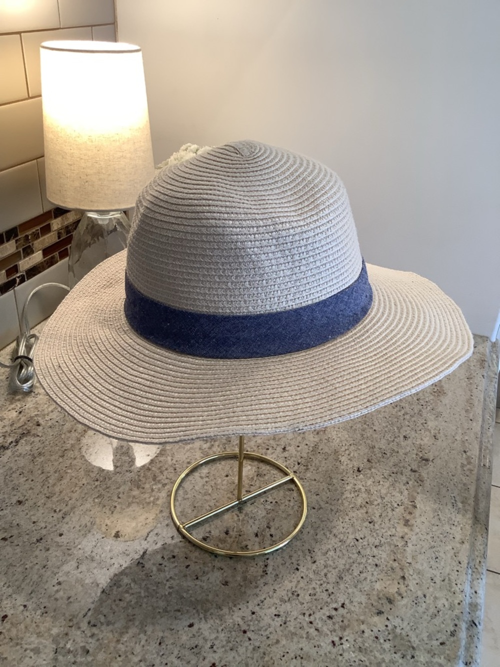 Banana Republic Cream Straw Fedora Hat with Blue Ribbon Trim M/L